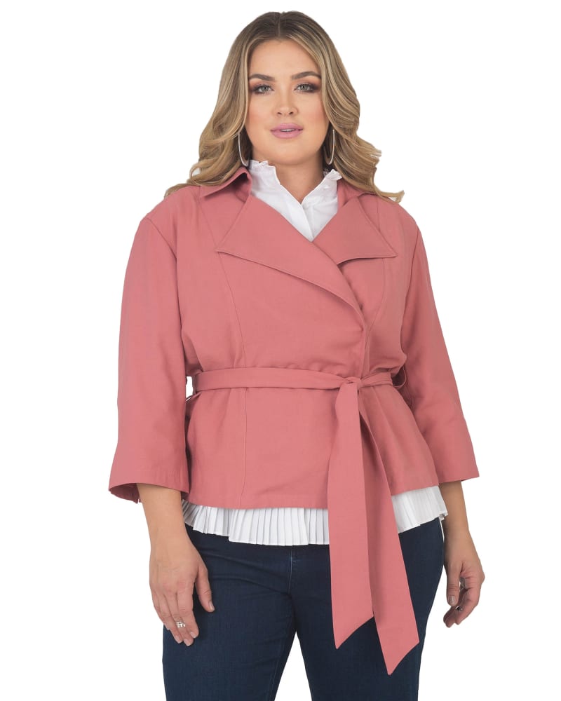 Front of a model wearing a size 1X Elodie Cropped Wrap Trench Jacket in Quartz Pink by Standards & Practices. | dia_product_style_image_id:275738